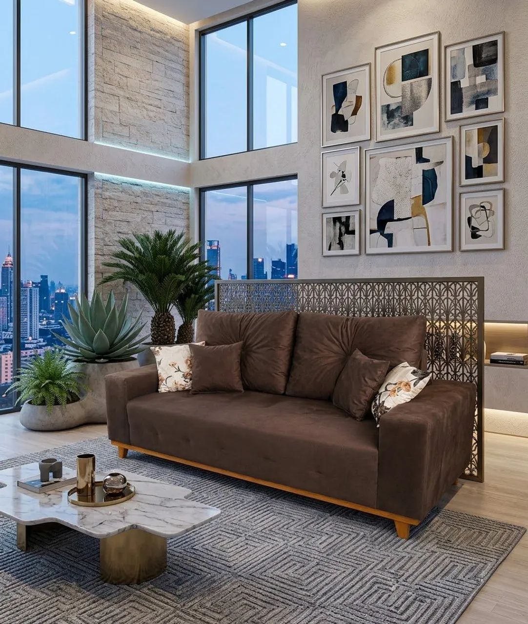 Sofá retrô quadrado 3 lugares com base de madeira e 4 almofadas decorativas grátis 