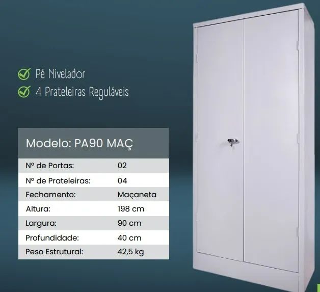Armário de Aço 02 Portas e 04 Prateleiras - PA90 MAÇ