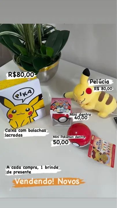 Brinquedos Pokémon - Pelúcia, Caixa com Bolachas e Miniaturas