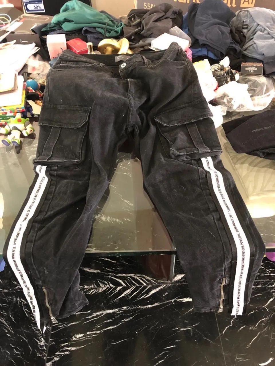 Calça Zara Cargo Jeans Preta com Detalhes Laterais