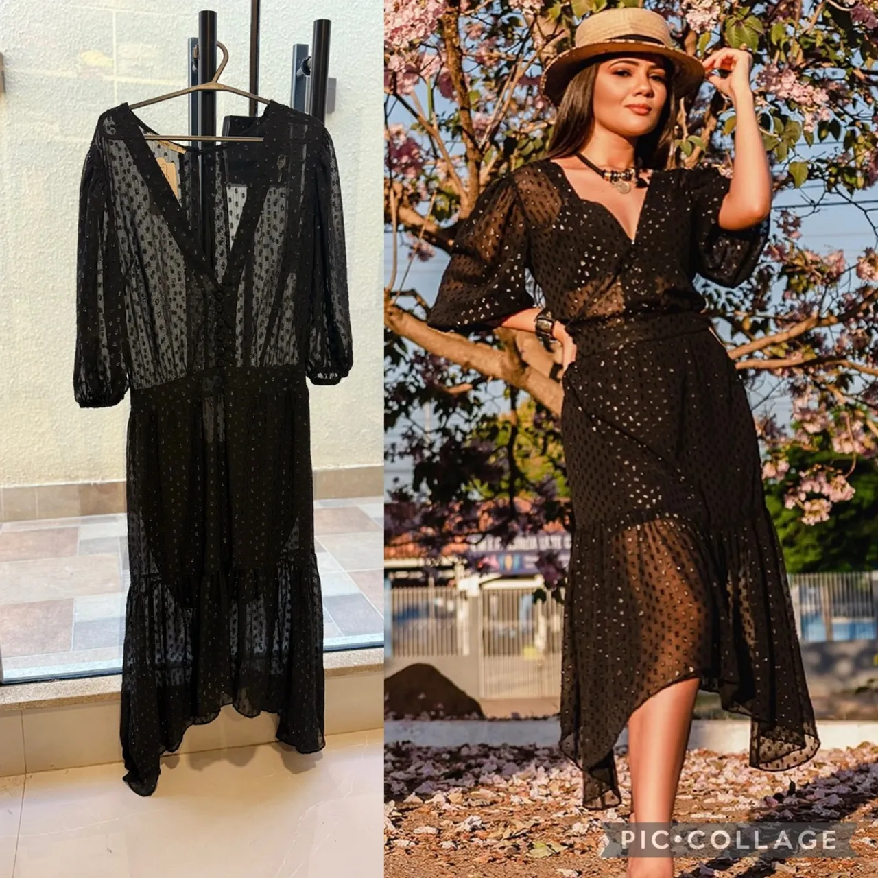 Vestido longo com detalhes em poá