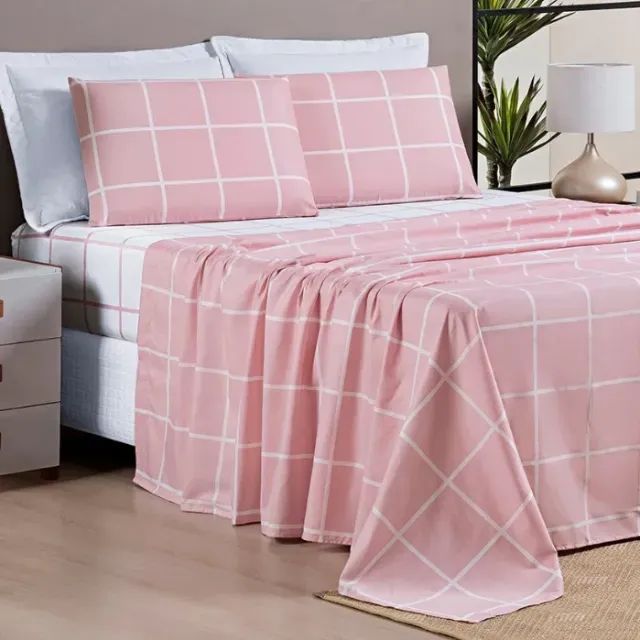 Jogo de Lençol Rosa Pastel Estampado 4 peças