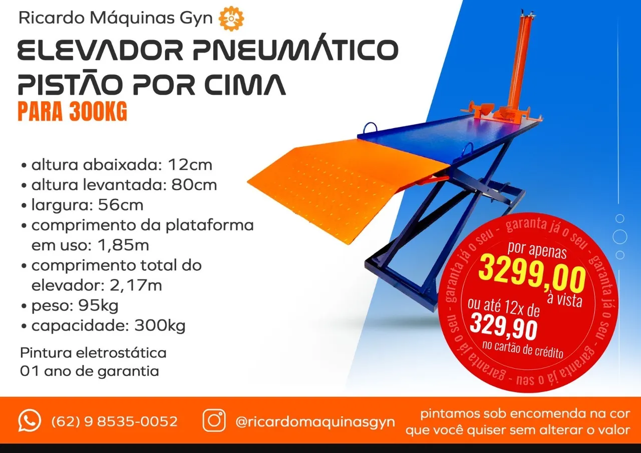 Elevador/Rampa Para Moto Pneumática Pistão por Cima p/300KG 01 ano Garantia