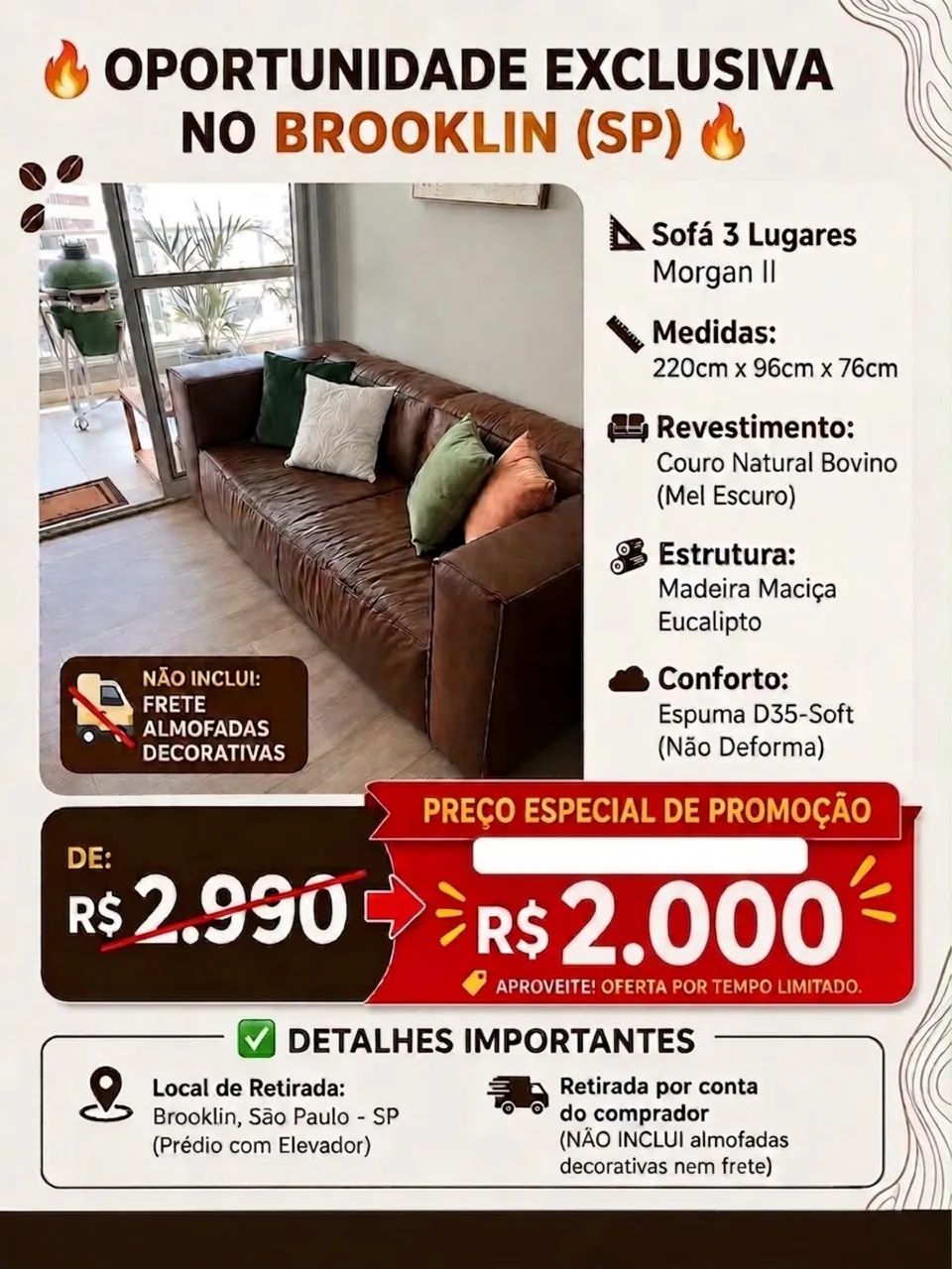 sofá 3 lugares morgan ii couro mel escuro - Foto 4