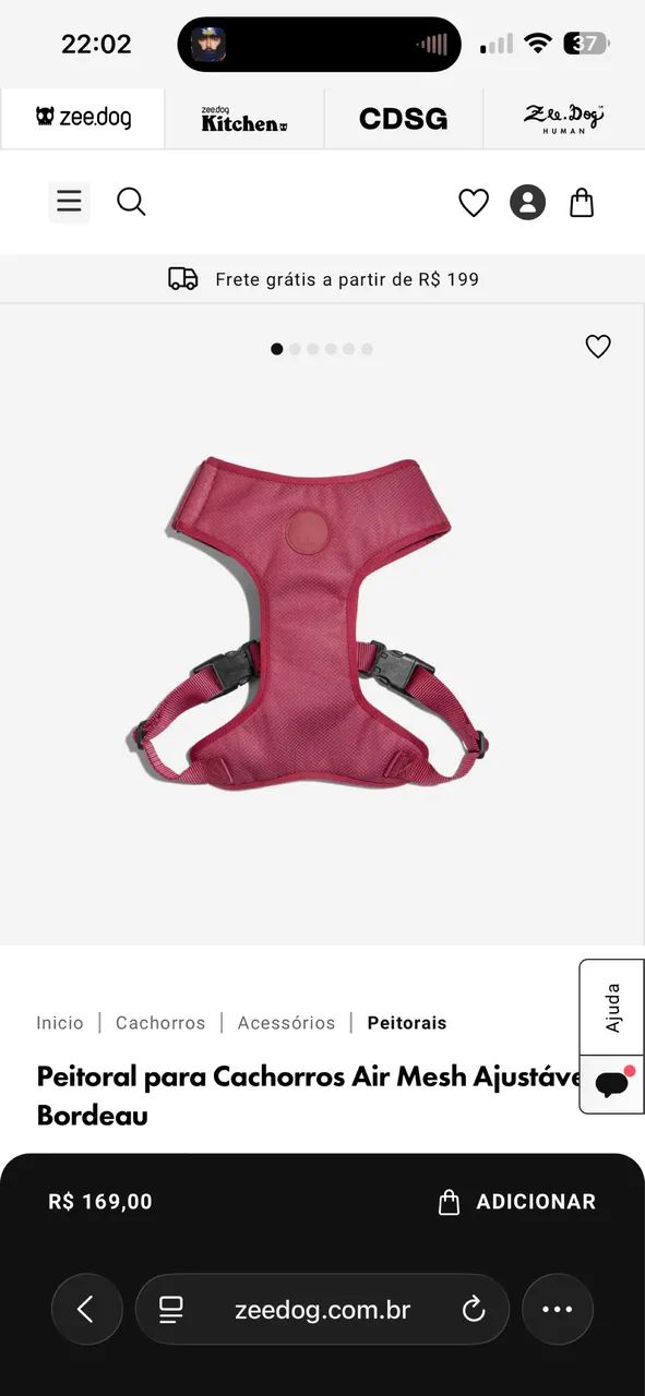 Peitoral para Cachorros Air Mesh Ajustável Bordeau