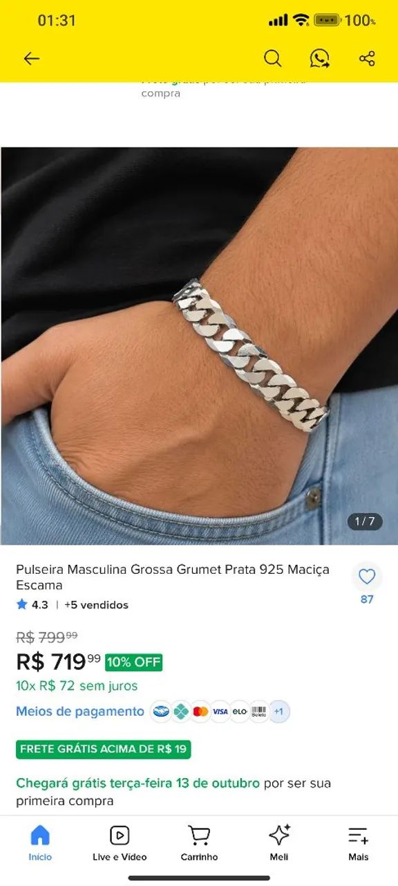Pulseira Masculina Grossa Grumet Prata 925 Maciça. - Foto 4