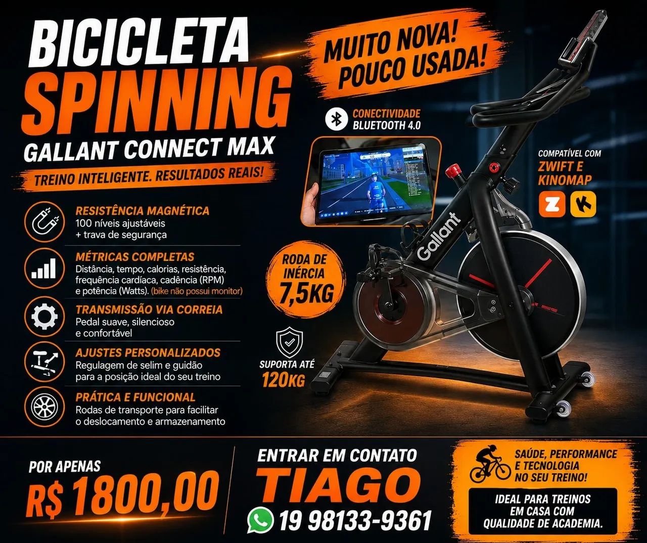 Bicicleta Ergométrica Spinning Gallant Connect Max Magnética