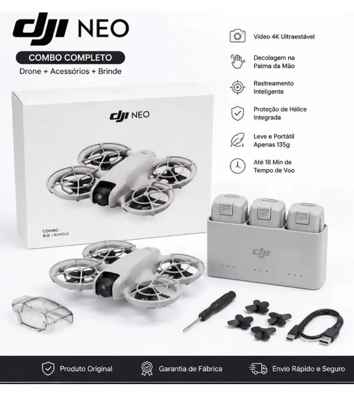 Drone DJI NEO + kit 3 baterias com carregador