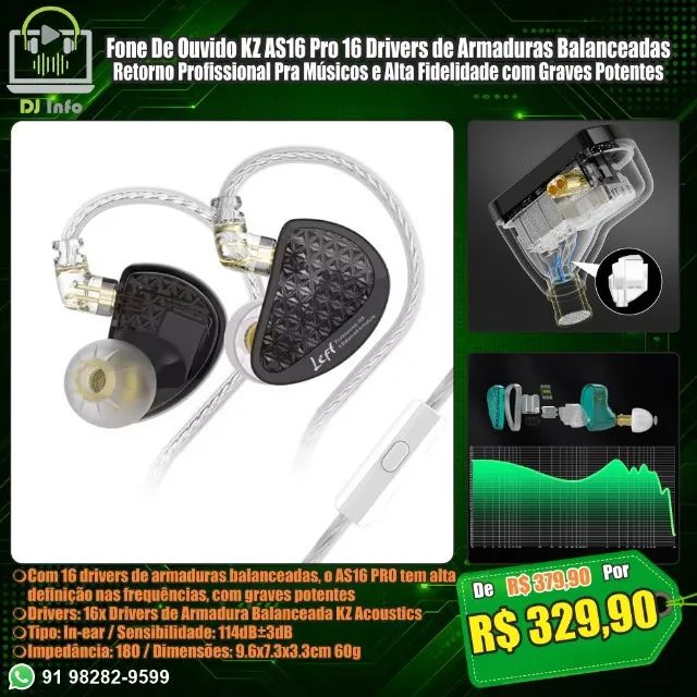 Fone De Ouvido KZ AS16 Pro 16 Drivers de Armaduras Balanceadas