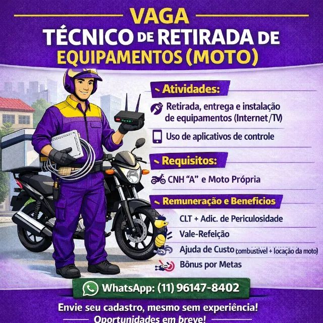 Técnico de moto CEP 012 retirada de equipamentos 