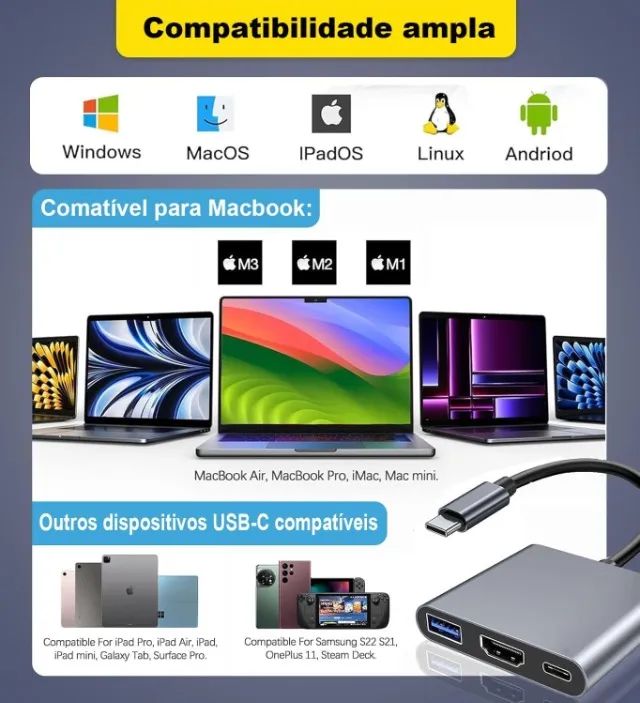 Conversor Tipo c para Hdmi usb 3.0 4k - 3 em 1 espelhar tela celular (Jk Eletrônicos) - Foto 5