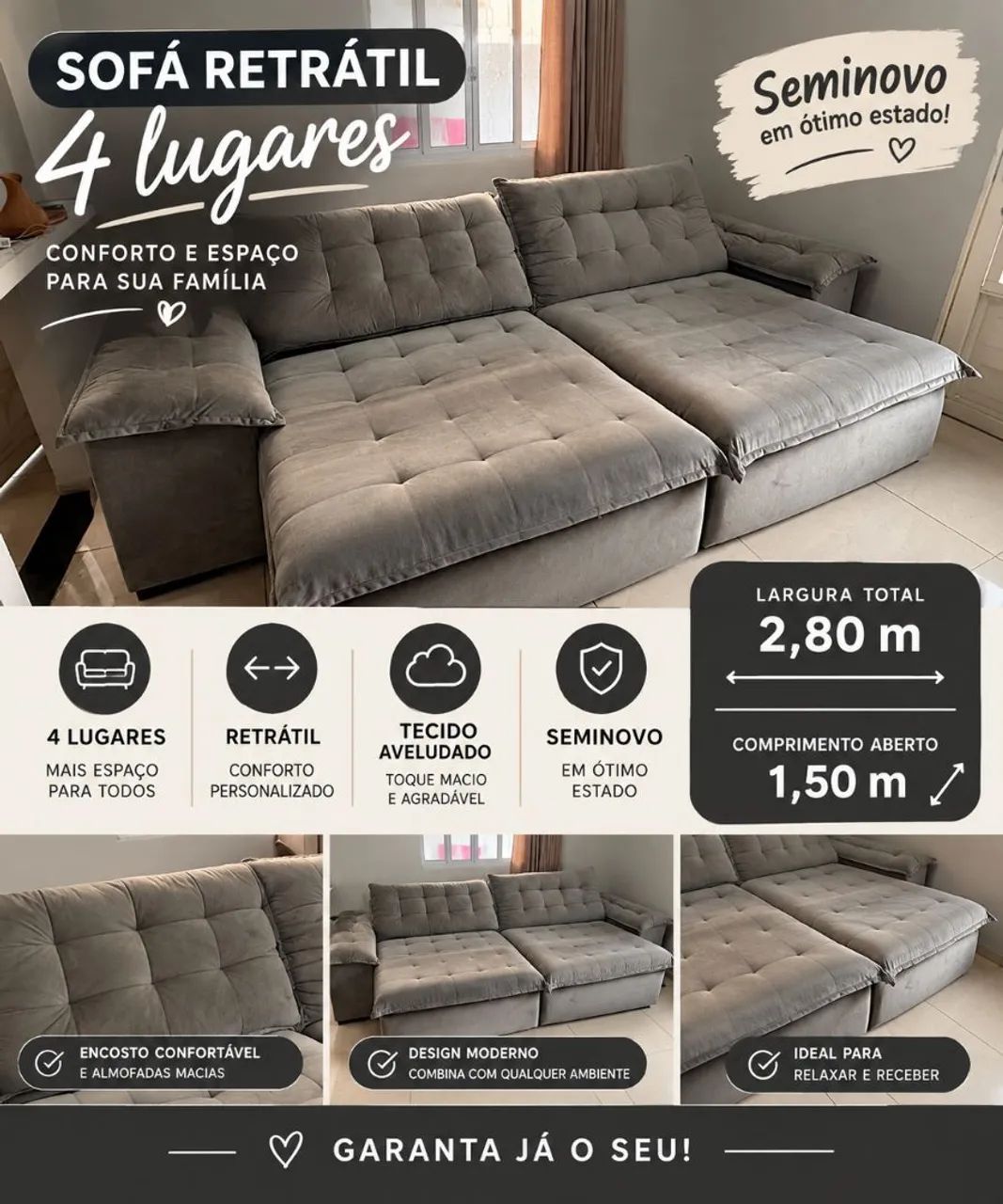 Sofá retrátil 4 lugares - Seminovo