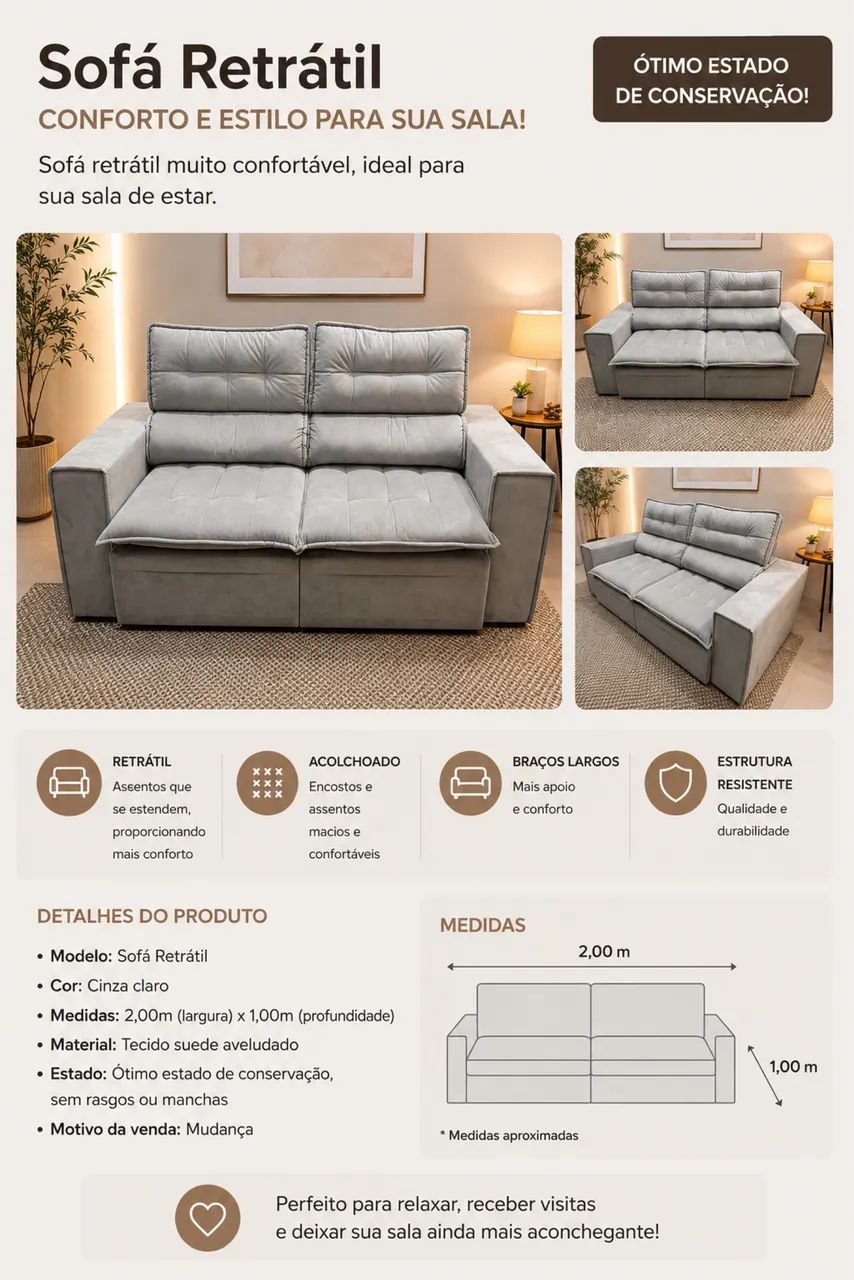     Sofá Retrátil Cinza Suede - 2m - Foto 2