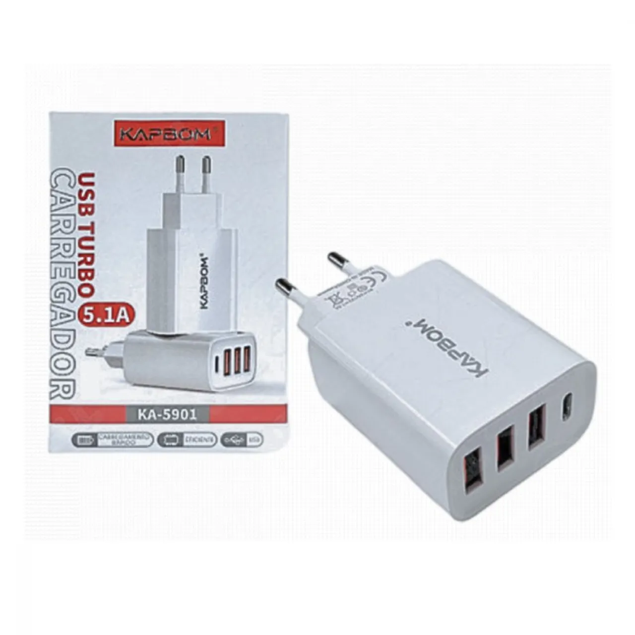 Fonte carregador Turbo 5.1A com 3 Portas USB e uma Porta Tipo C