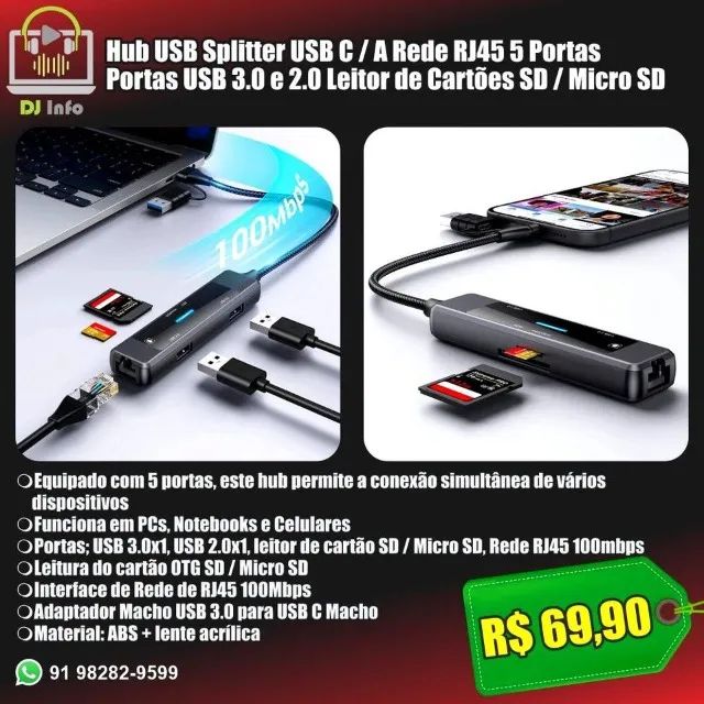 Hub USB Splitter USB C / A Rede RJ45 5 Portas Portas USB 3.0 e 2.0 Leitor de Cartões SD / 