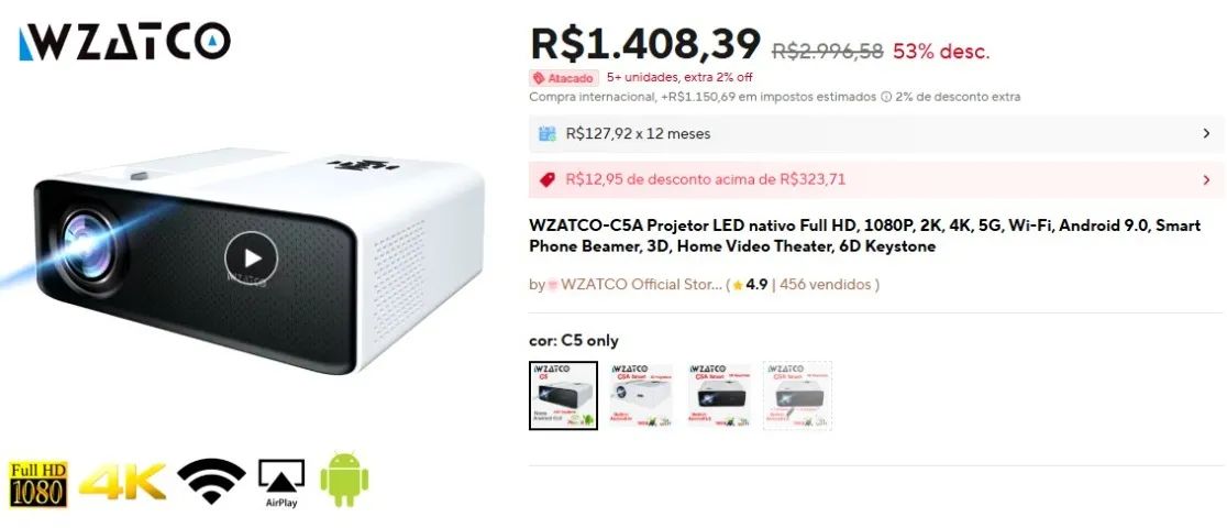 Projetor Wzatco Full HD 1080 pixels, mas projeta até em 4k. Estado de novo!! - Foto 3