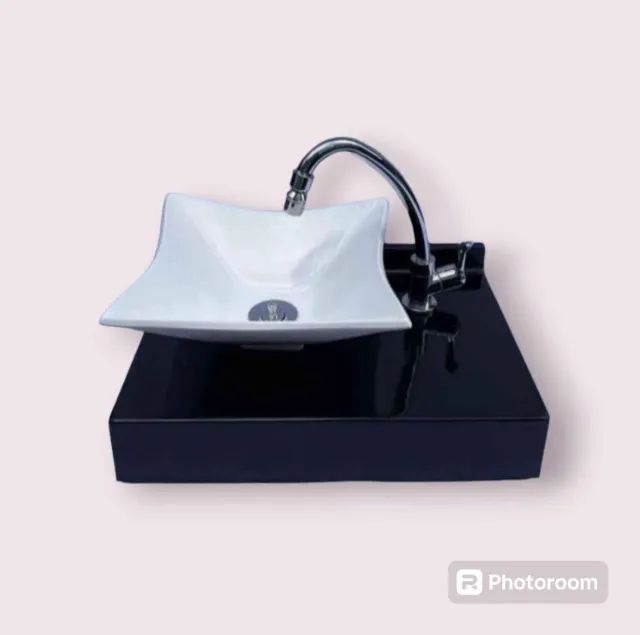 Pia Cuba Branca 29x29 e Bancada Preta 30x45 no mármore sintético para banheiro - Foto 3