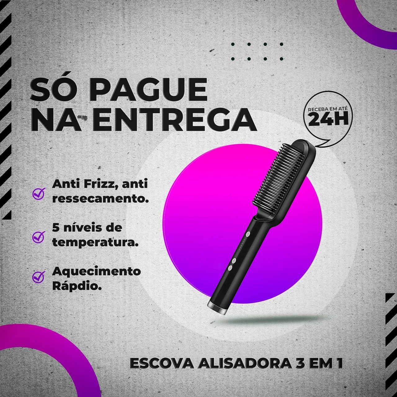 Escova Alisadora 3 em 1 - Anti Frizz  e Aquecimento Rápido. pague só na entrega