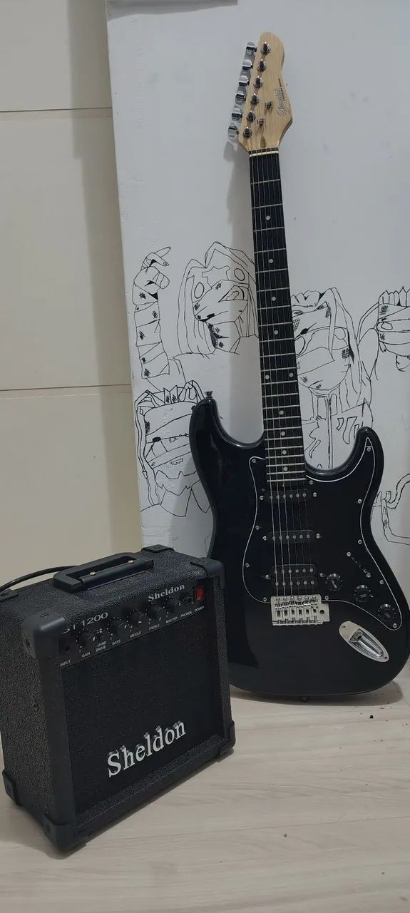 guitarra preta stratocaster Giannini + amplificador Sheldon 