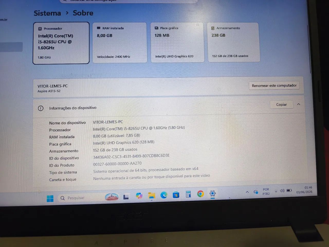 Notebook Acer Aspire A51552  Intel Core i5 8ª Geração  Ótimo estado! - Foto 4