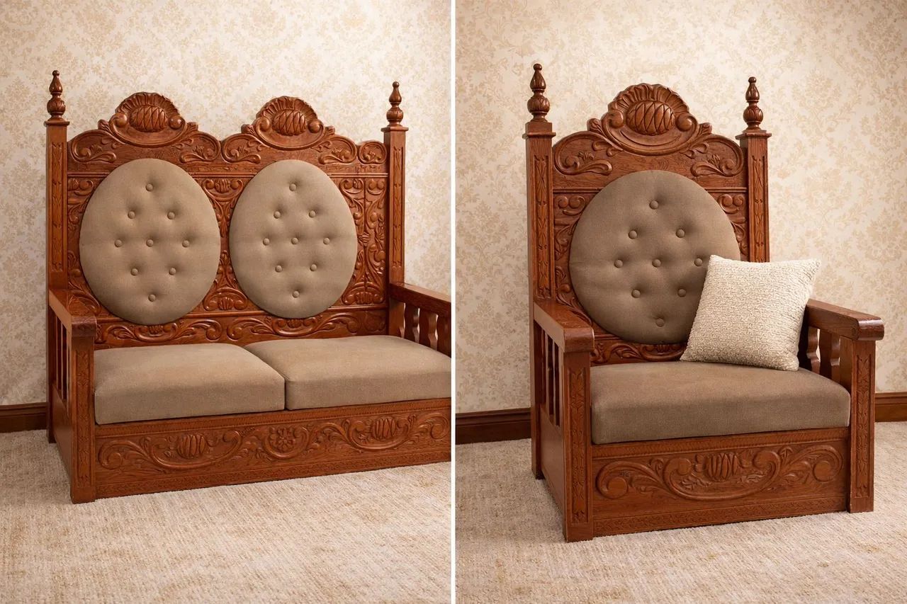 Sofás - CONJUNTO SOFISTICADO EM MADEIRA DE LEI