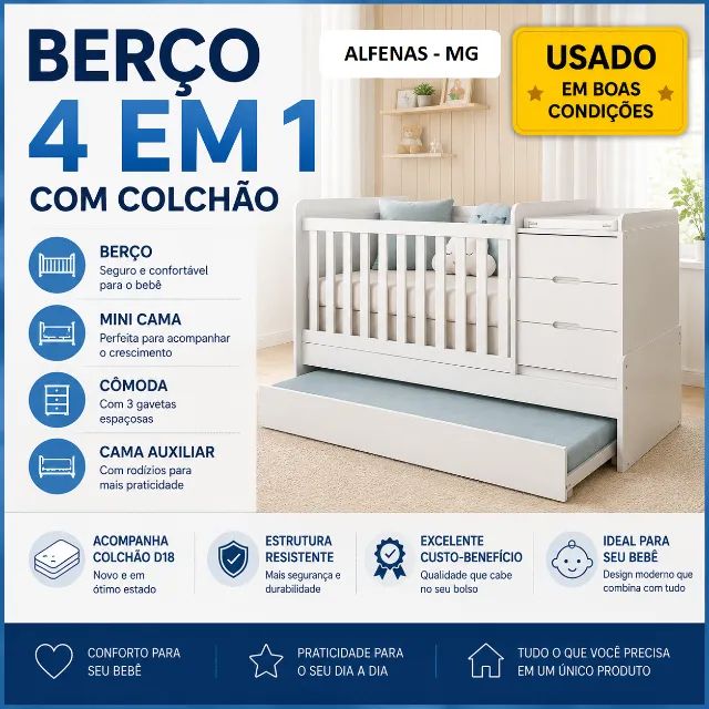 Berço 4 em 1 Branco com Cômoda, Bicama e Colchão D18