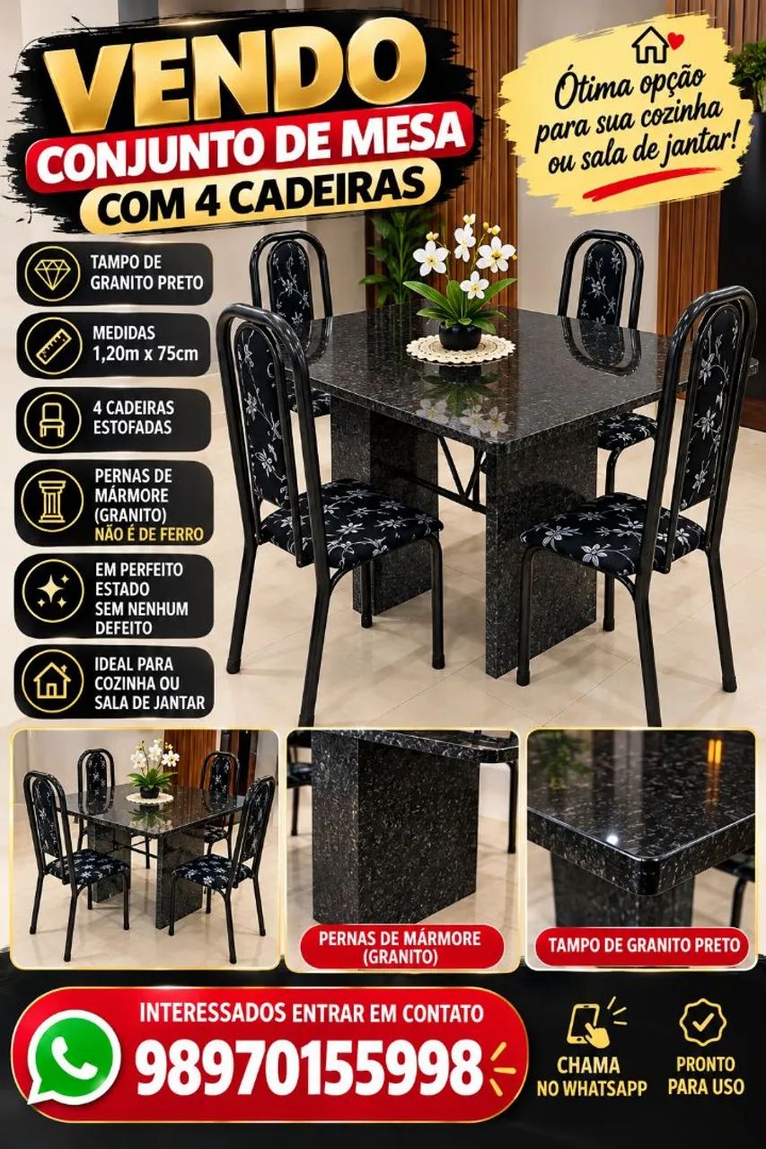 Mesa mármore 4 cadeiras 