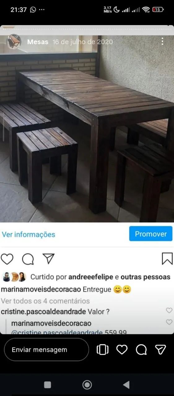 Mesa e bancos de madeira maciça verniz Premium  - Foto 2
