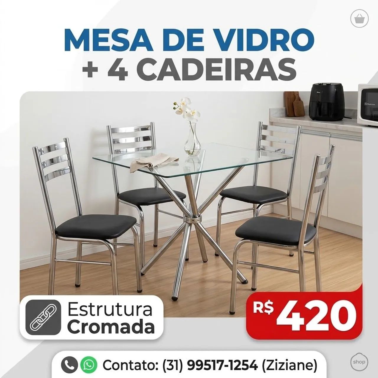 Conjunto Mesa de Vidro com 4 Cadeiras Cromadas - Ótimo Estado