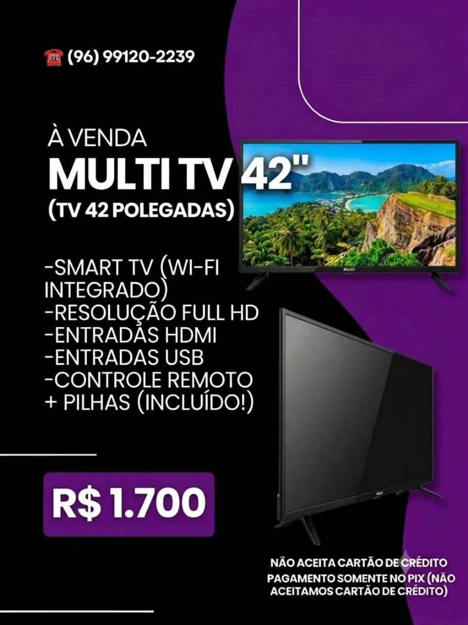 Smart TV 42" Multi Full HD (Wi-Fi, HDMI, USB) - R$ 1.700 no Pix.