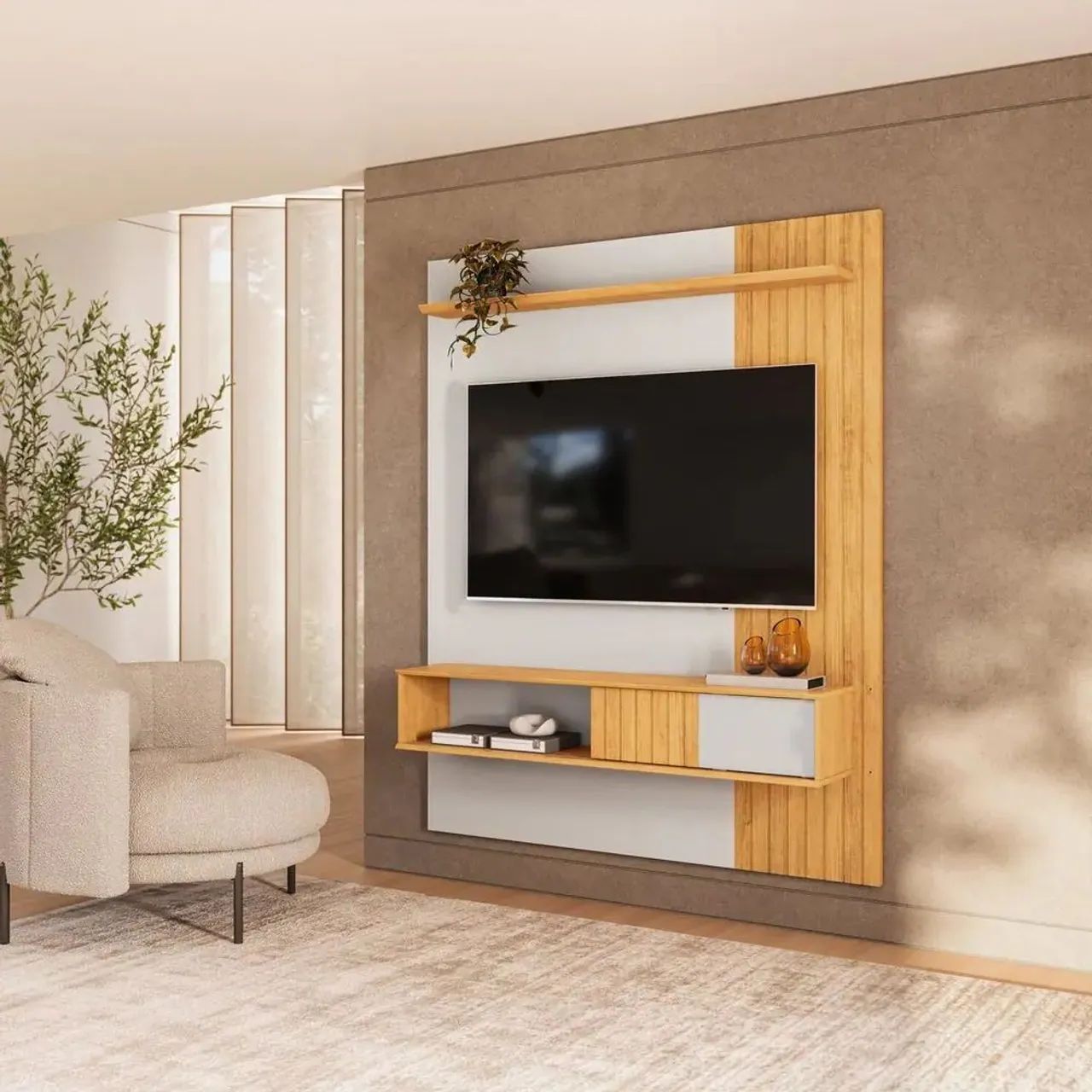 Painel para TV até 65 Polegadas Ripado com Porta Dj Cosmo 1.5 Bali Cedro<br> - Foto 2