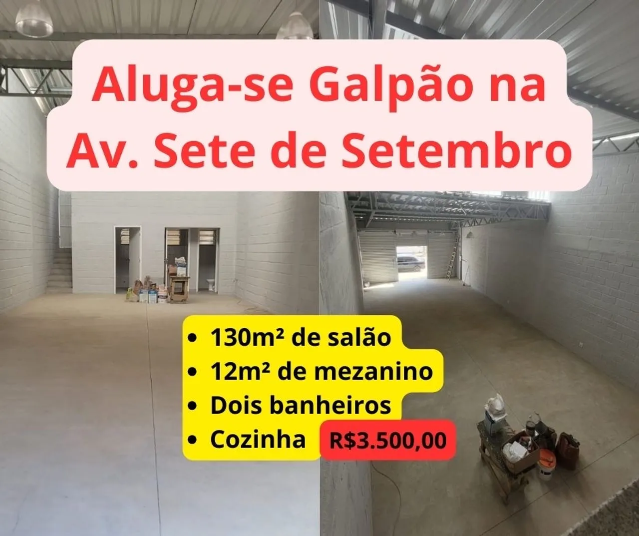 Alugo galpão novo na Av 7 de Setembro.