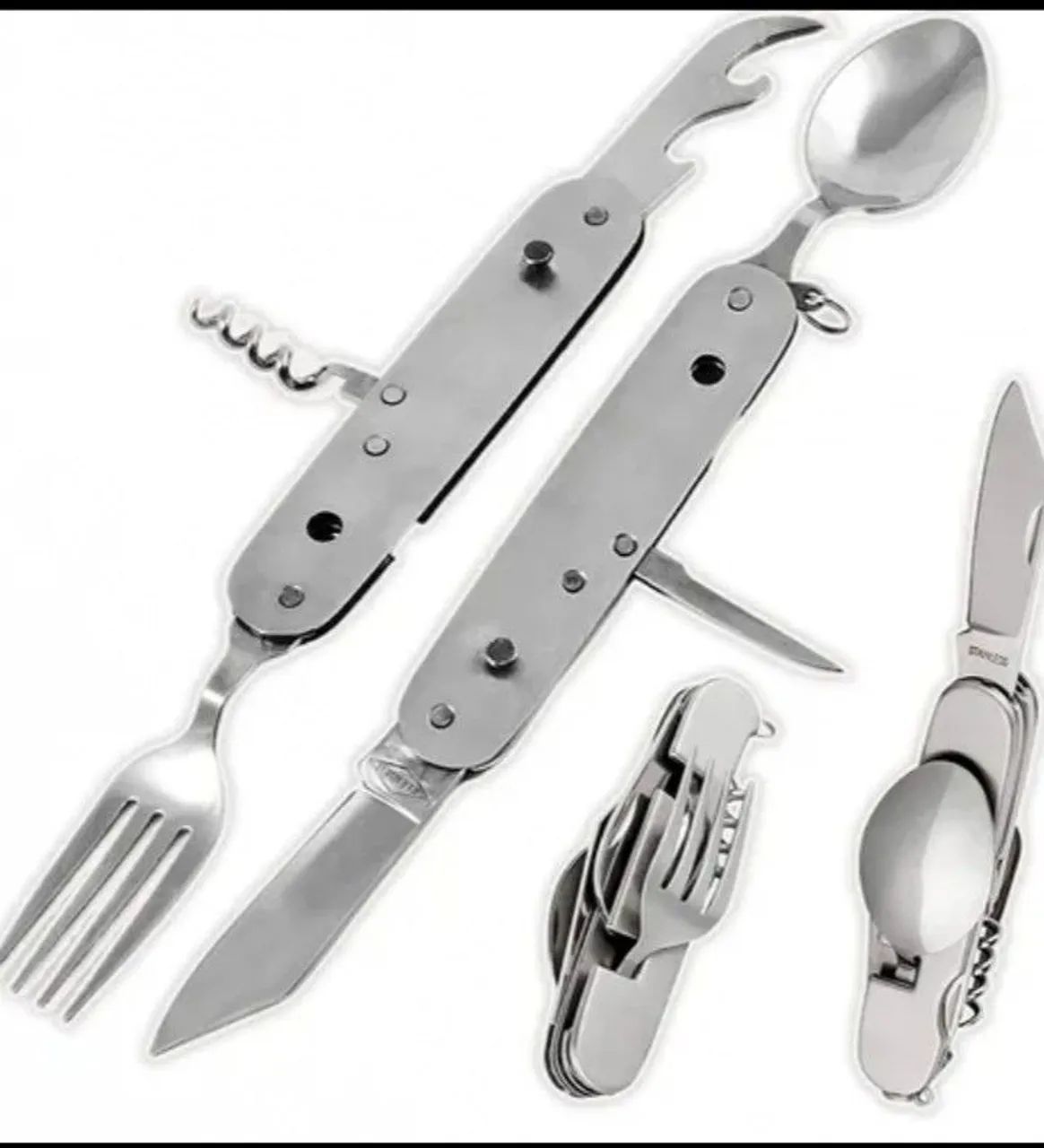 Kit de talheres multifuncional inox 7 em 1. 11 cm dobrado. Acompanha elegante case de lona