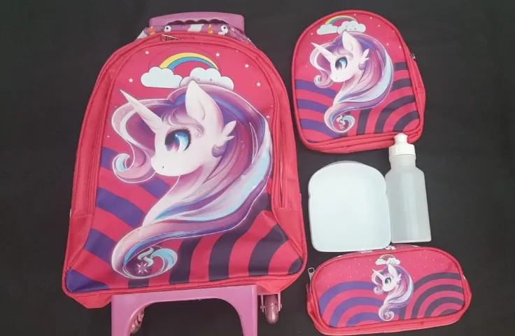 Kit Mochila de Rodinha + Estojo + Lancheira Térmica Unicórnio