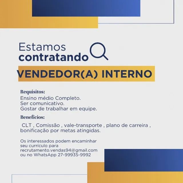 Vaga para vendedor (a) interno