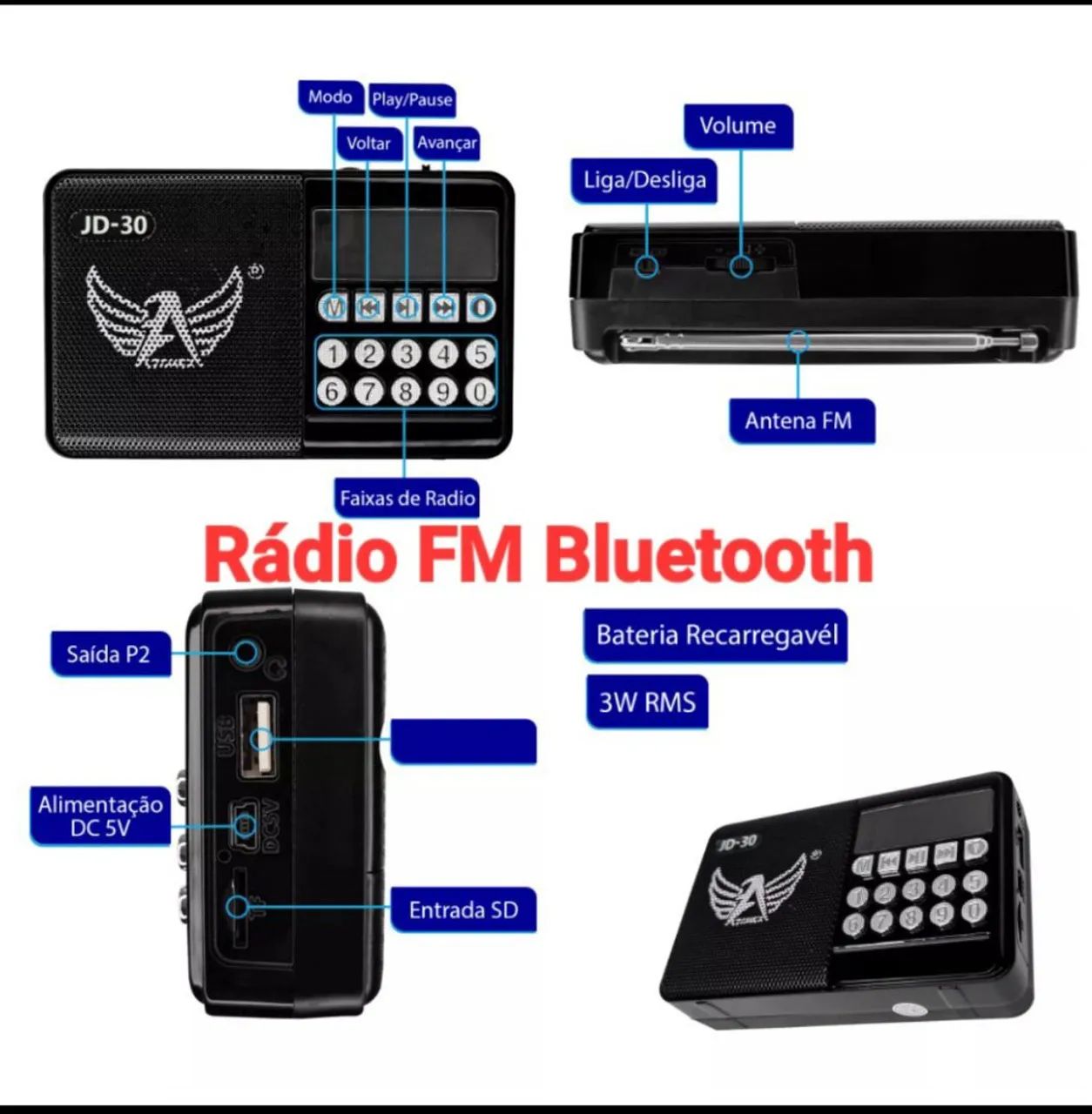 Rádio FM Bluetooth JD-30