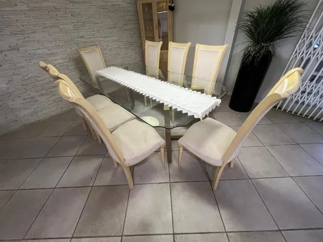 Mesa de Jantar de Vidro 8 Lugares + 8 Cadeiras Estofadas - Elegante e Completa - Foto 5