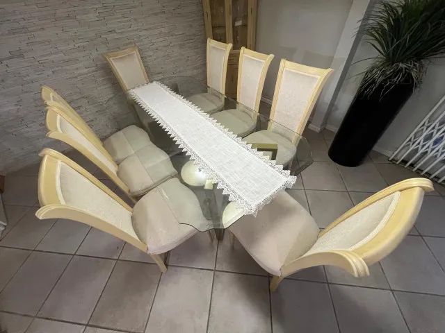 Mesa de Jantar de Vidro 8 Lugares + 8 Cadeiras Estofadas - Elegante e Completa - Foto 4