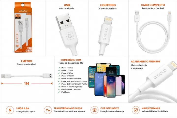 Cabo Carregador Usb Para Ios iPhone A'gold Cb12-2 Branco 1m - Foto 2