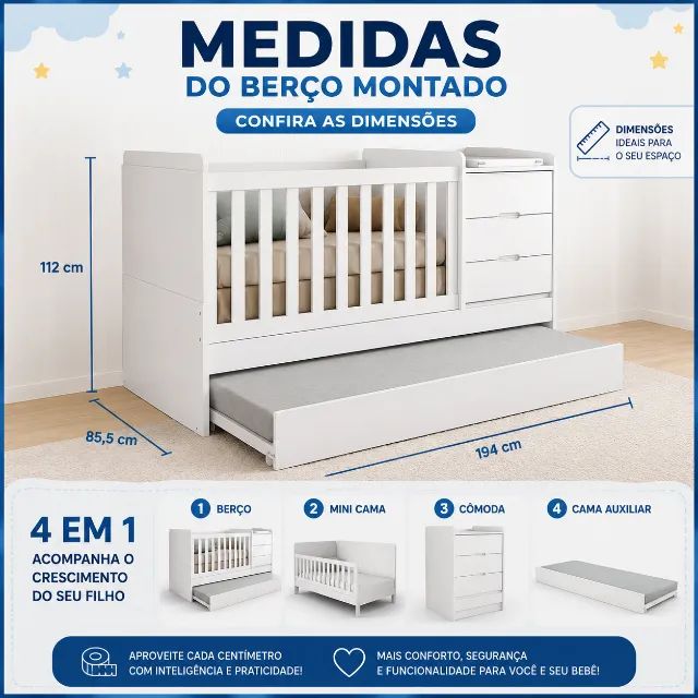 Berço 4 em 1 Branco com Cômoda, Bicama e Colchão D18 - Foto 2