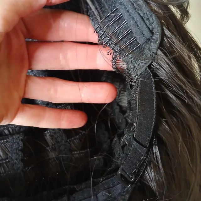 Peruca sintética cabelo castanho escuro com franja - Foto 3