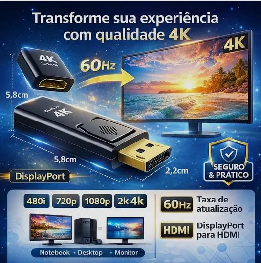 Adaptador Conversor Displayport Para Hdmi 4k 60ghz  - Foto 4