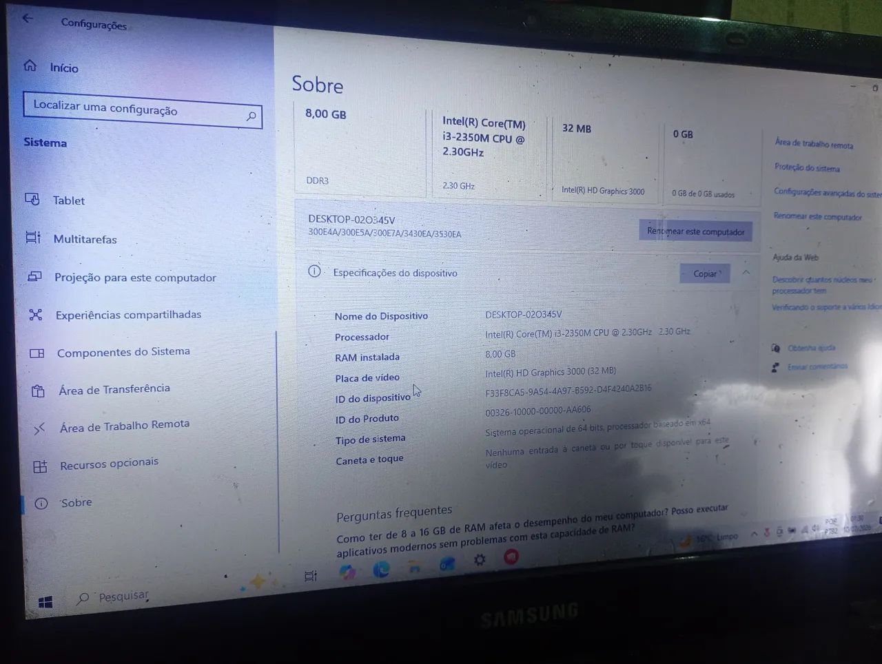Notebook Samsung 8gbram 500gb memória 