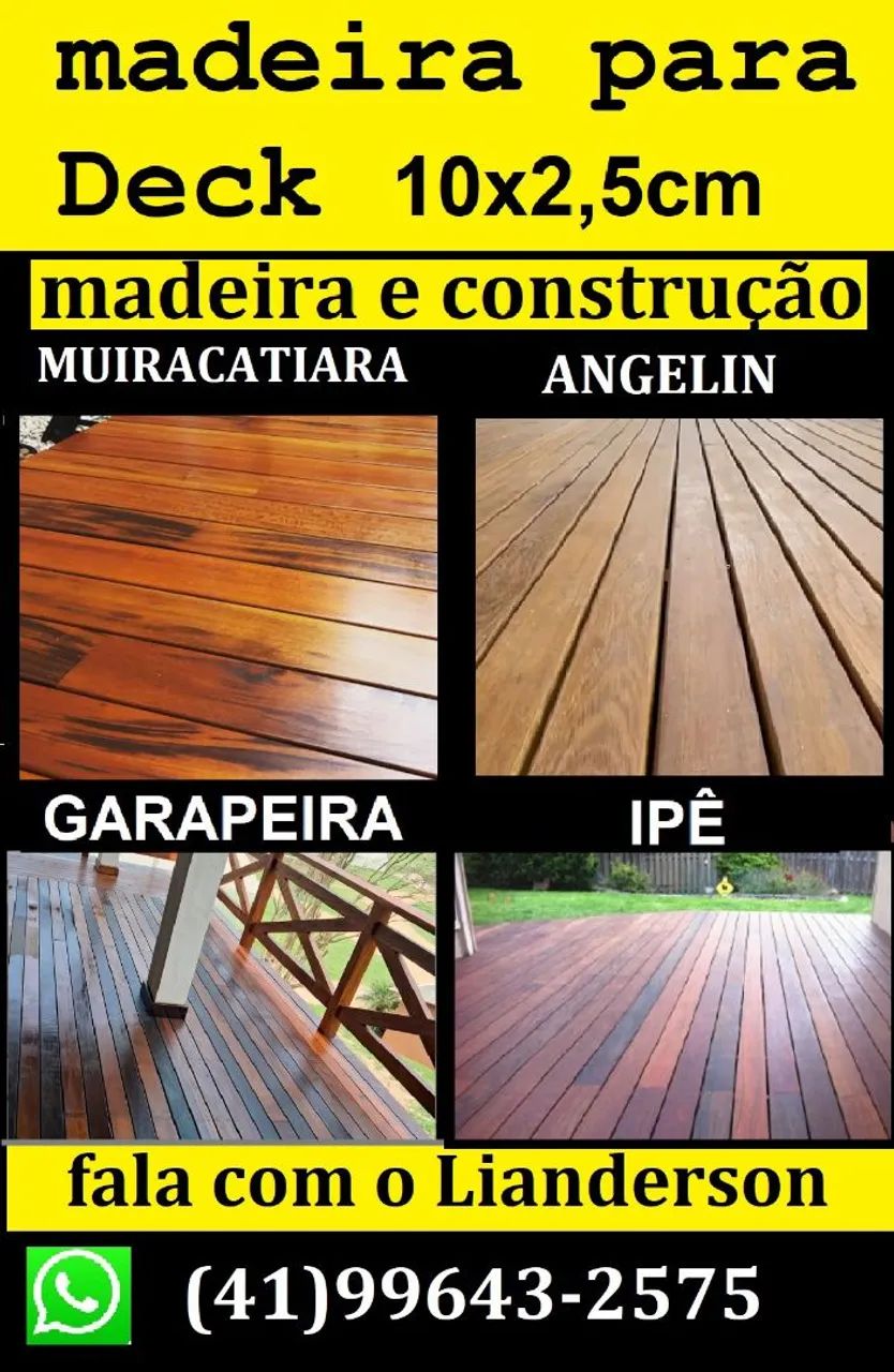 Deck de madeira raridade muiracatiara também garapeira, angelim, Ipê, cambará 10x2,5cm