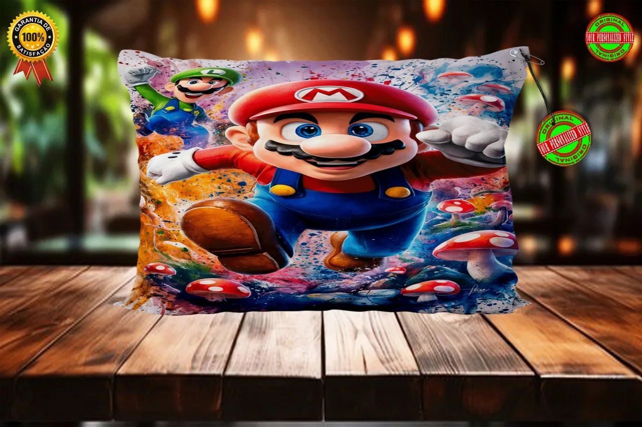 Travesseiro personalizado super Mario Bros tamanho 50 x 40 sem zíper.