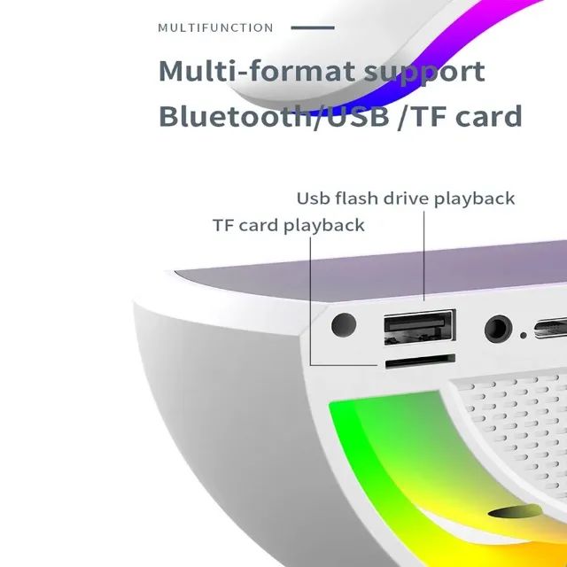 Caixa de som Bluetooth com rádio fm carregador sem fio e luminária rgb - Foto 3