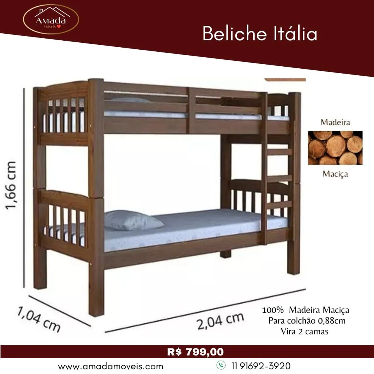 Treliche Itália Madeira Maciça - 2 Camas, entrega em 3 Dias  - Foto 2