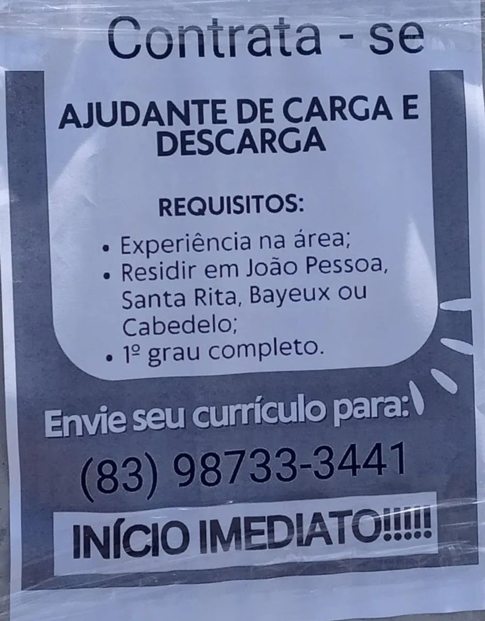 Vaga de Emprego para Ajudante de Cargas 