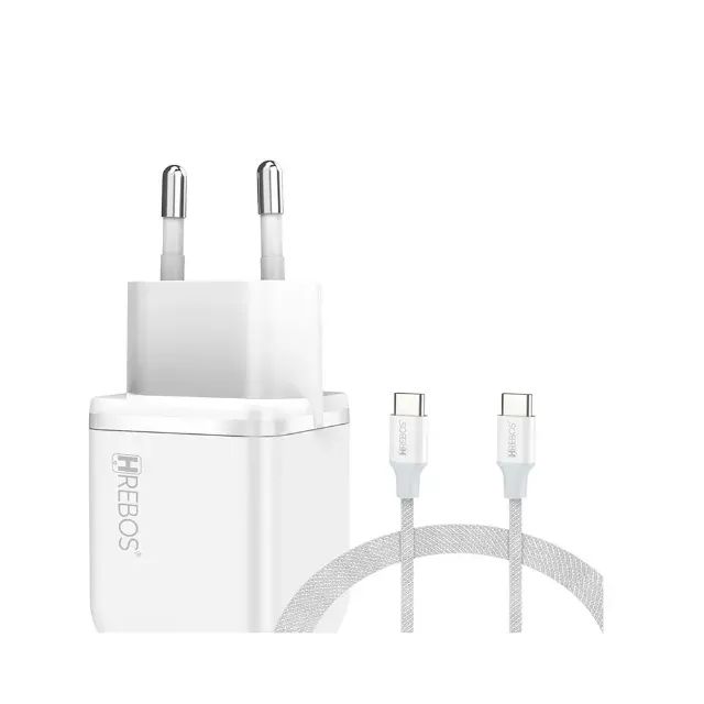Carregador Hrebos Premium - NOVO, 2 entradas USB-C para USB-C, 33W, com Cabo, Branco - Foto 2