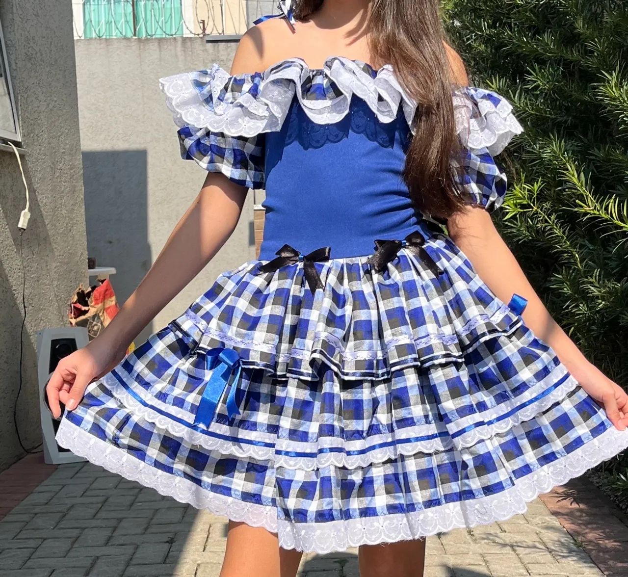 Vestido Festa Junina  tam 10 - Xadrez Azul e Branco 